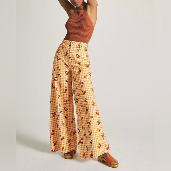 Farm x Anthropologie Gingham Cherry Wide-Leg Pants in yellow size L - Picture 2 of 8